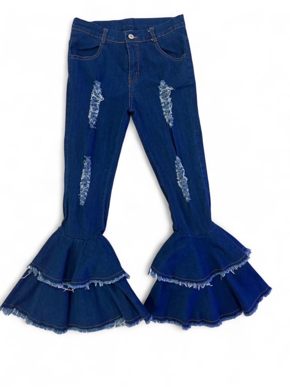 Girls' Dark Blue Ruffle Hem Distressed Jeans